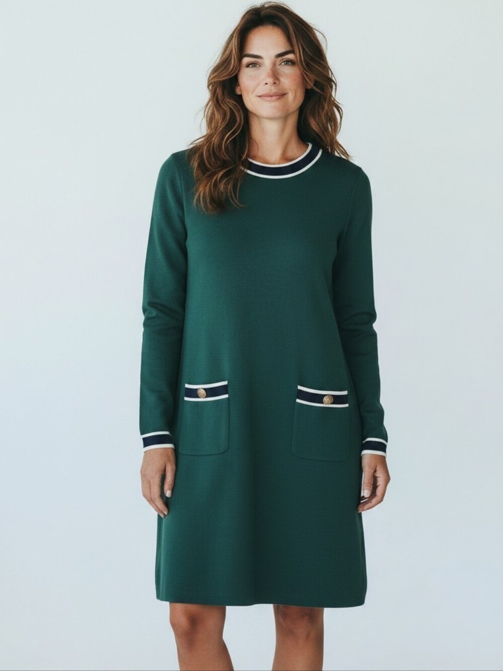 Boden Holly Knitted Emerald Night Green Contrast Trim Sweater Shift Dress - 10P